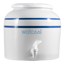 Dispensador de cerámica de agua natural en color blanco con rayas azules estilo vintage